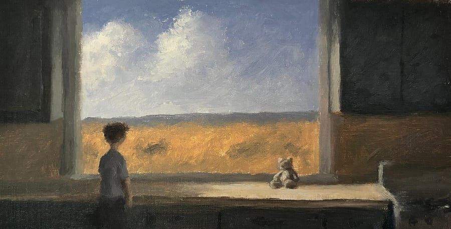 A child seen from behind stands in a dim room before a wide open window. A small teddy bear sits on the sunlit sill, and beyond it lies a golden wheat field under a blue summer sky with white clouds.