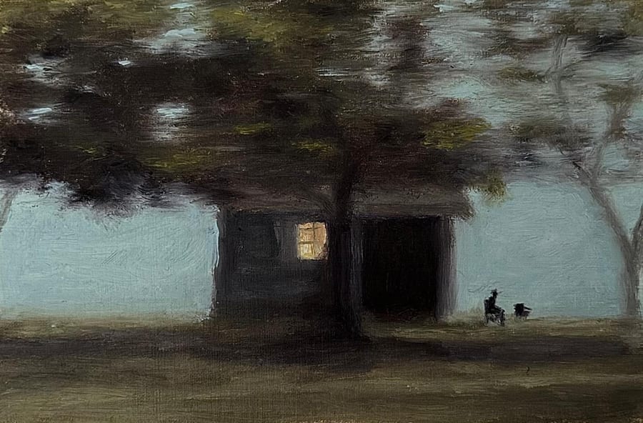 A dark house under a large tree at night, with one warmly lit window. Nearby, a small figure sits on a chair beside an empty one, against a misty blue-grey sky.